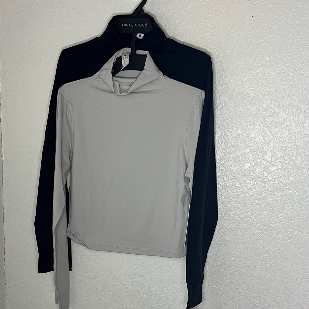 New Yogalicious 2pc zenly Evelyn crop mock neck long sleeve top Large Gary black